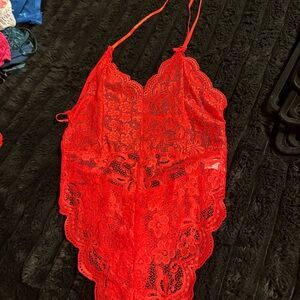 Red Lace Halter Bodysuit